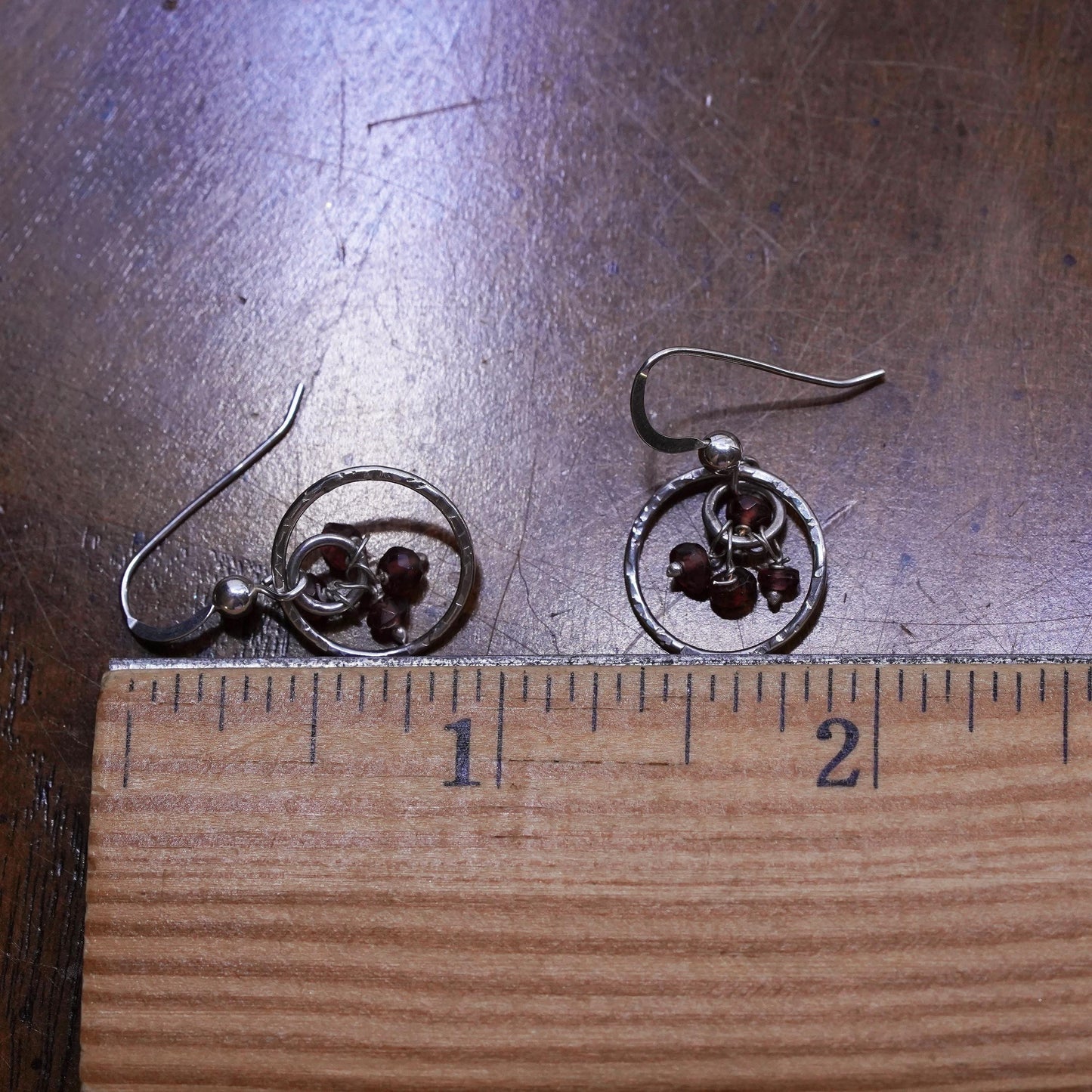 Vintage sterling 925 silver handmade chain earrings with garnet beads