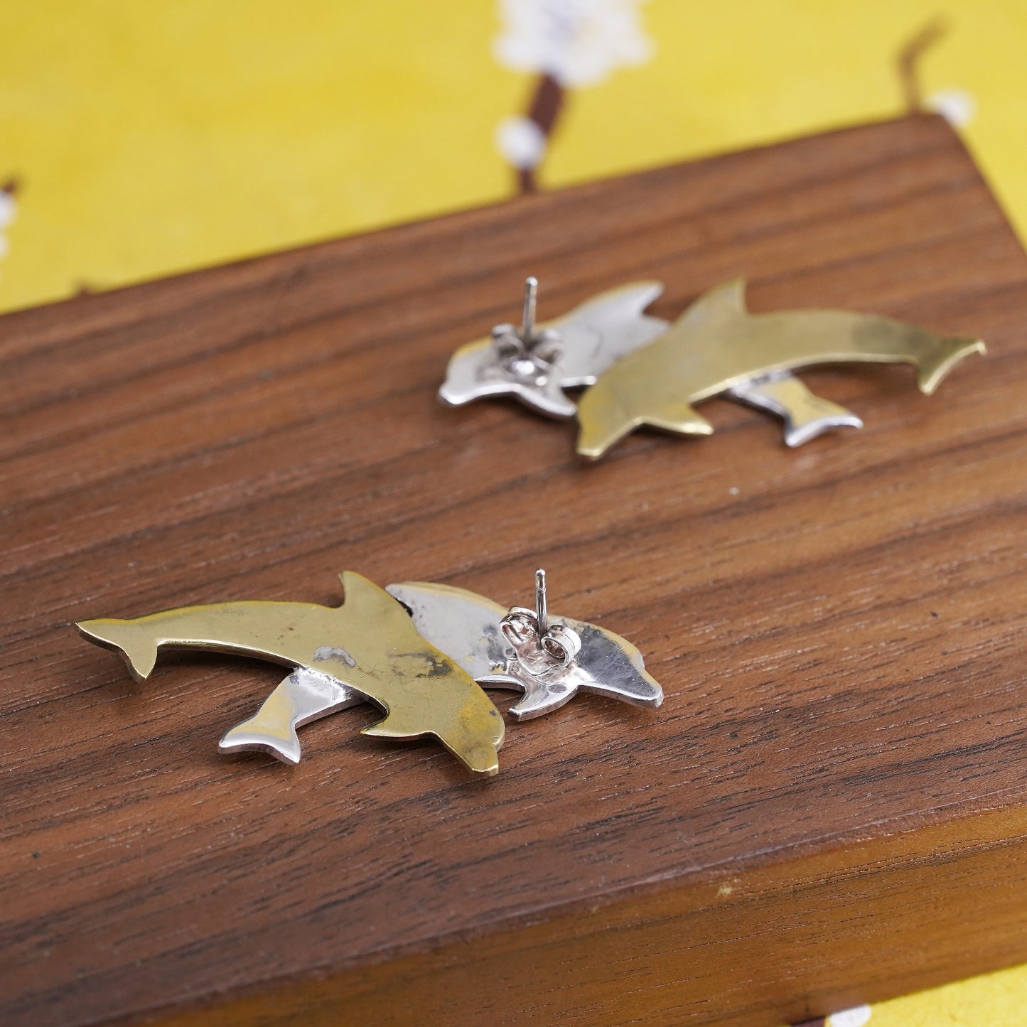 Mexican two tone Sterling silver handmade earrings, 925 brass dolphins studs