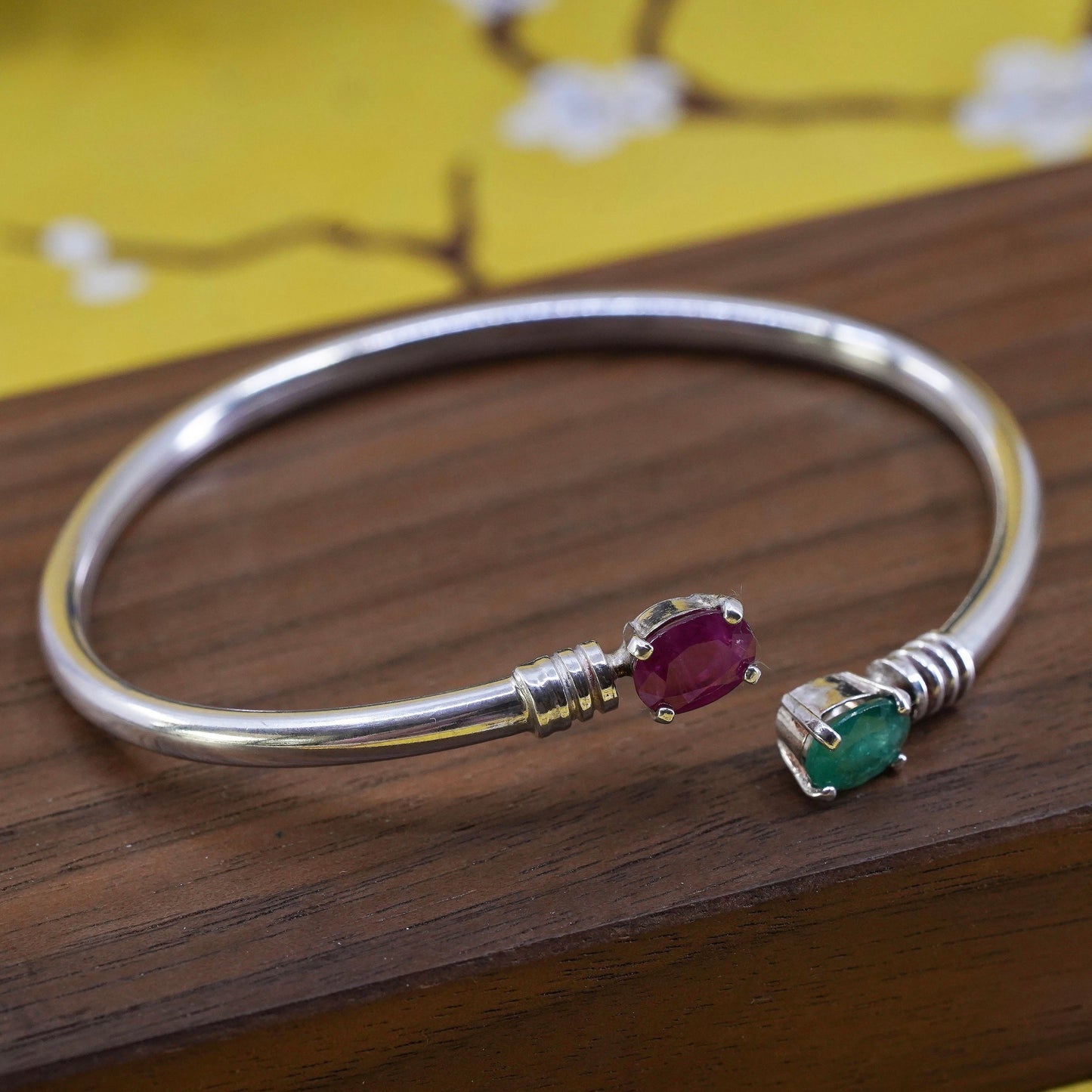 6.5", modern Sterling silver bracelet, 925 wrap bangle with ruby and emerald