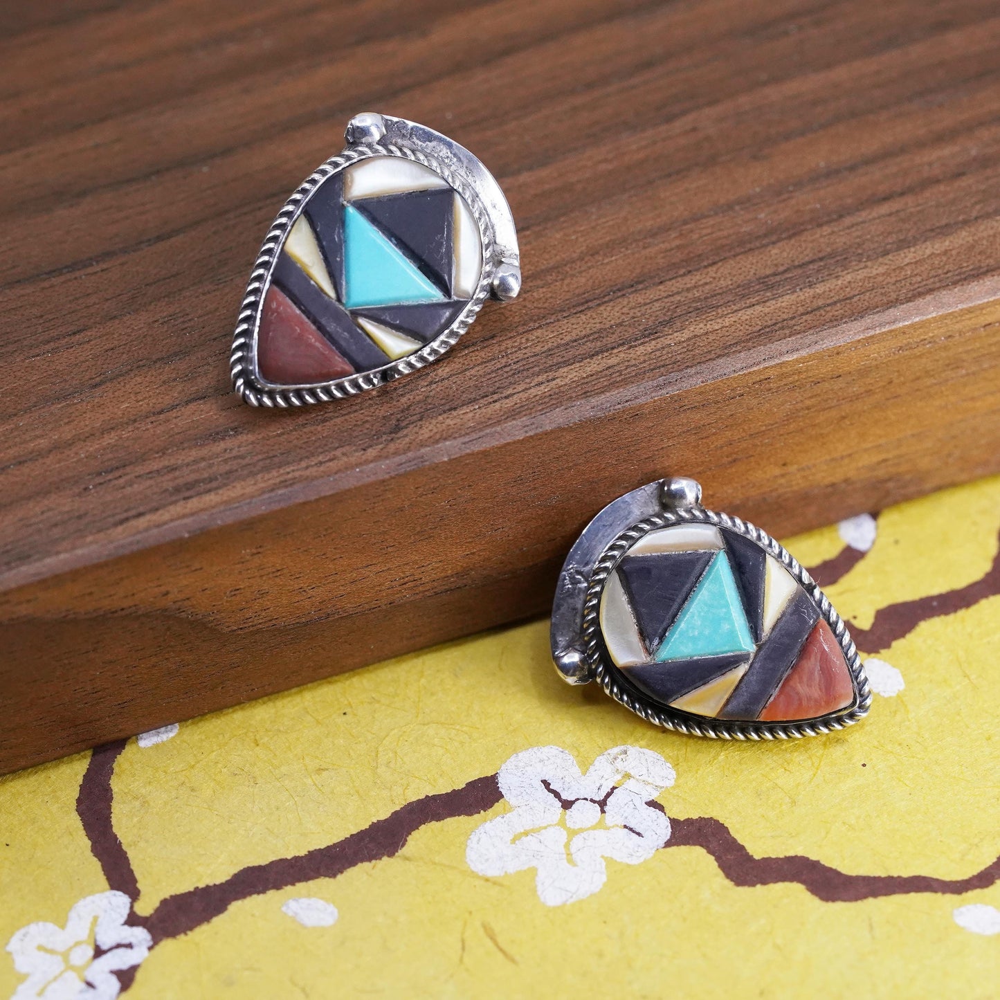 Native American Sterling 925 silver teardrop studs earrings turquoise coral