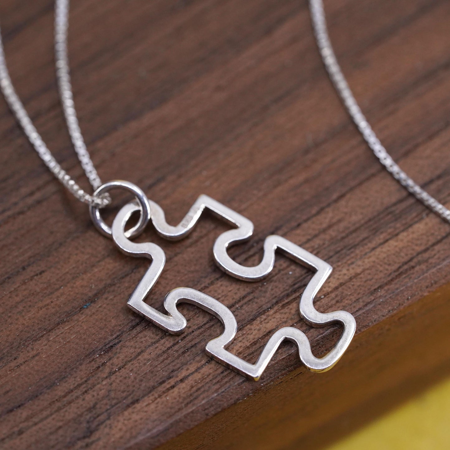 18”, Vintage Sterling silver handmade necklace, 925 box chain puzzle pendant