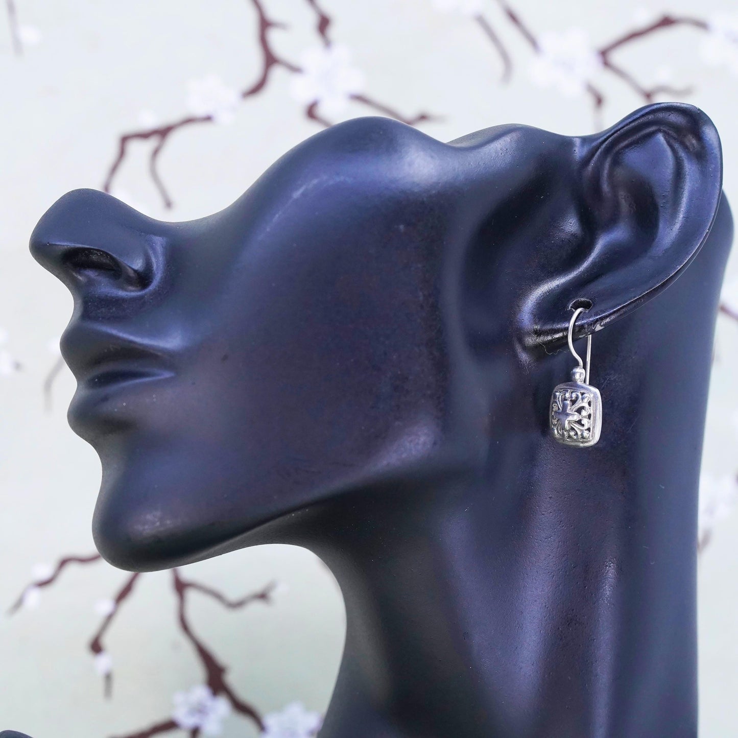 Vintage Sterling 925 silver handmade square filigree earrings with cross