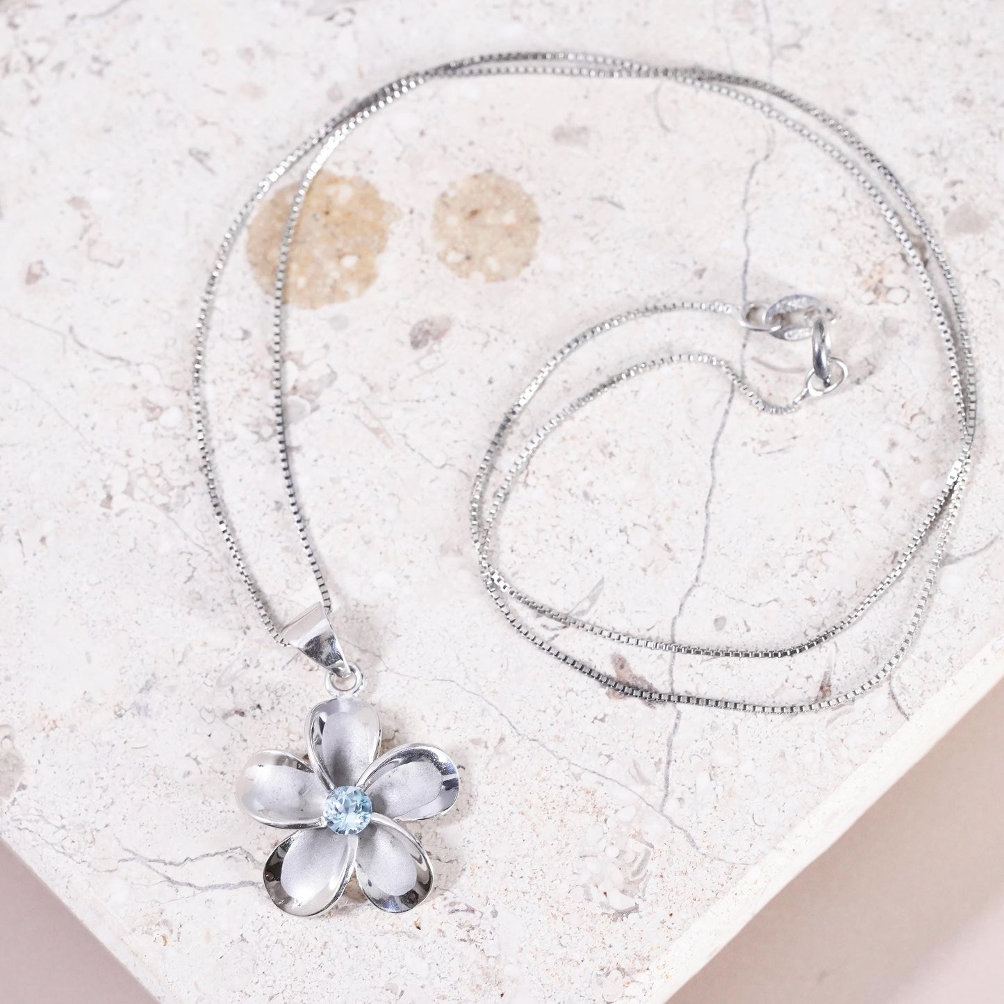 18”, Vintage Sterling silver handmade pendant, 925 box chain plumeria flower cz