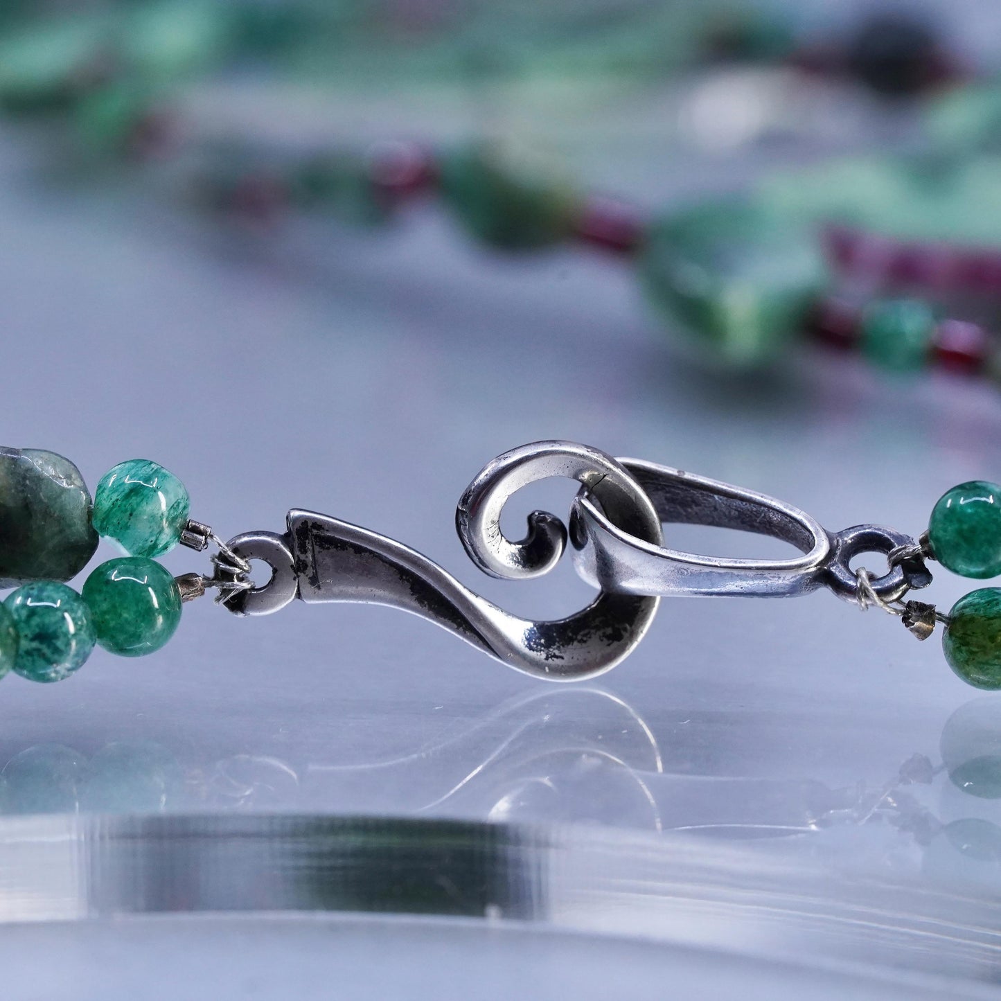 18", vintage Sterling 925 silver necklace carved Ruby in Zoisite leaves beads