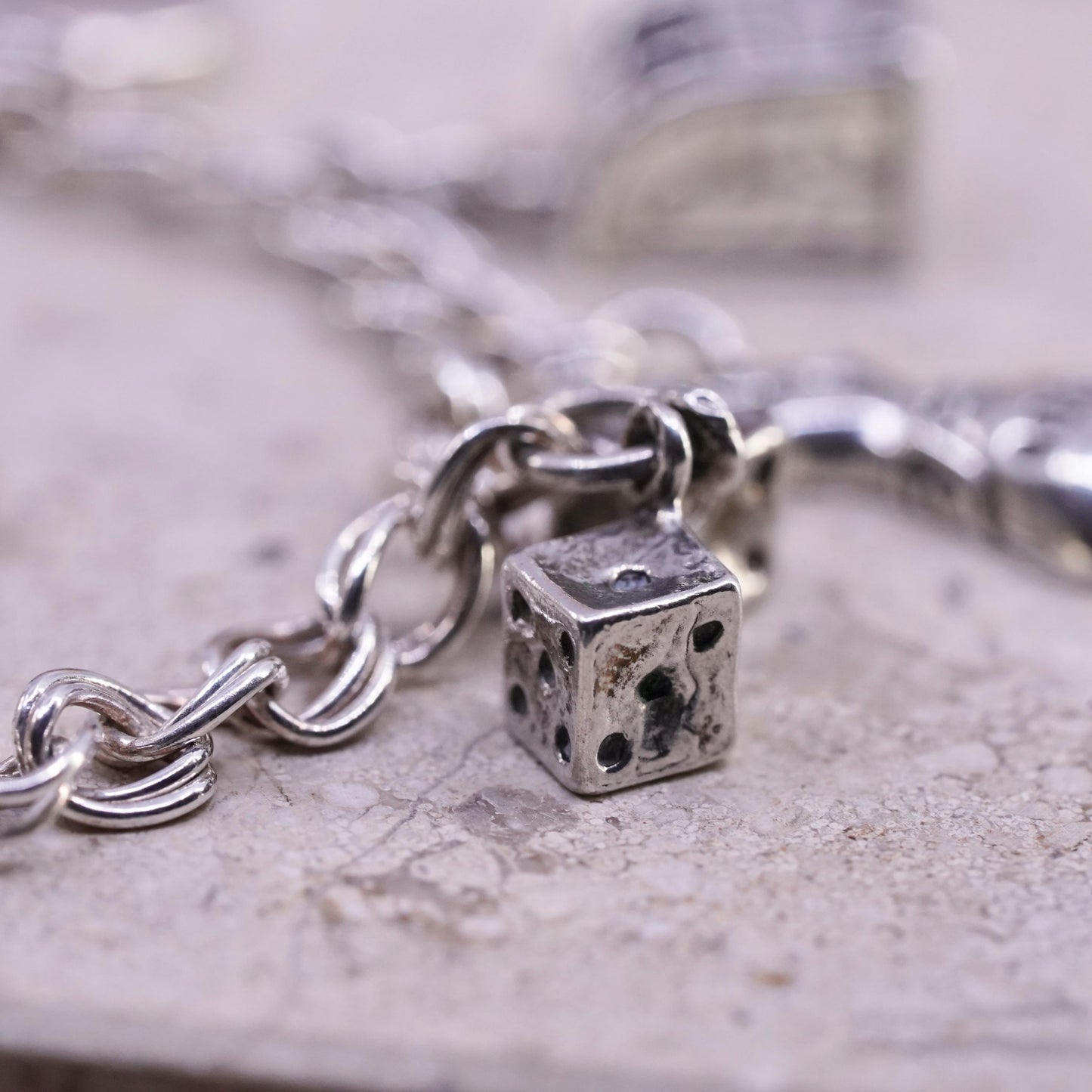 8", Sterling silver bracelet, 925 double curb chain slot dice money bag heart