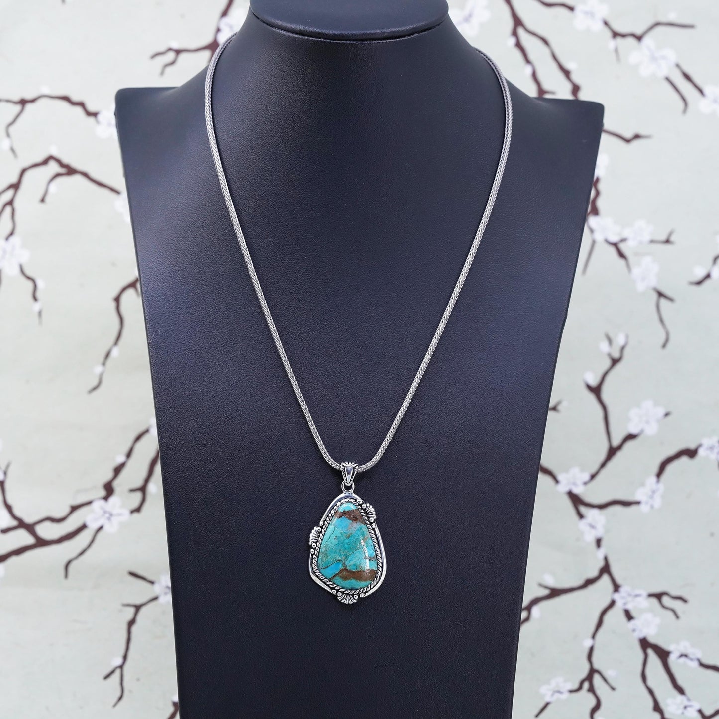 18" southwestern Sterling silver necklace, 925 wheat chain w/ turquoise pendant