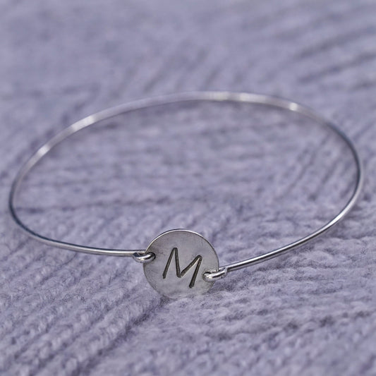 8", vintage Sterling silver handmade bracelet, 925 hinged bangle with letter M