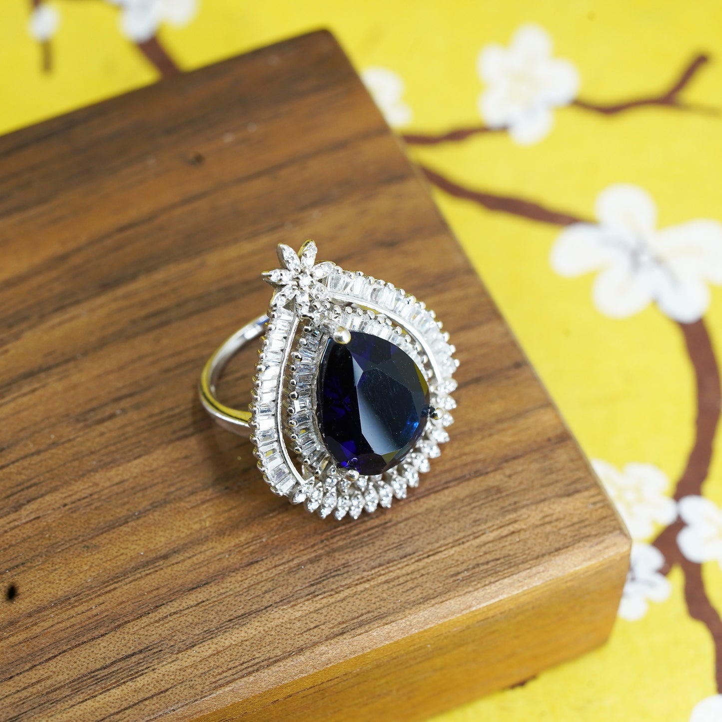 Size 6, Sterling silver handmade ring, 925 band with teardrop blue sapphire