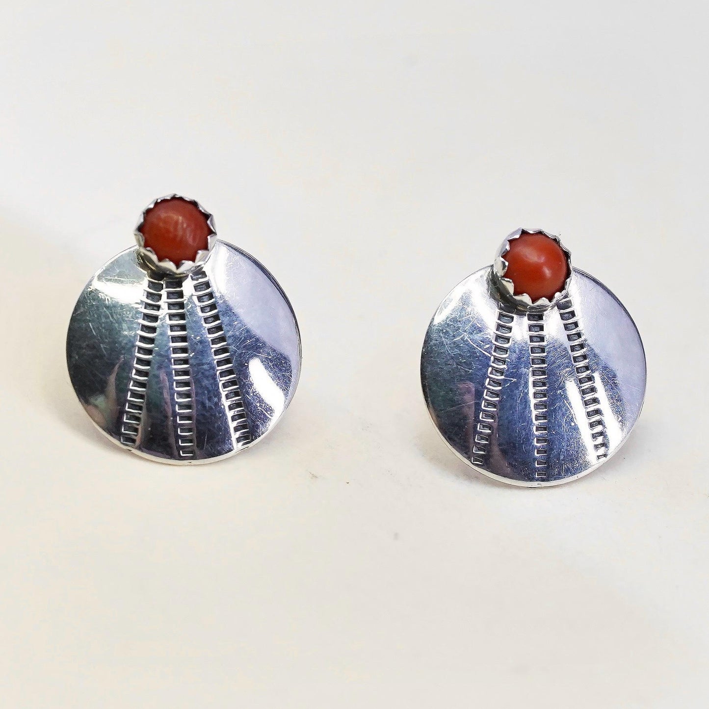 Southwestern St. SIL sterling silver handmade earrings, round 925 studs coral