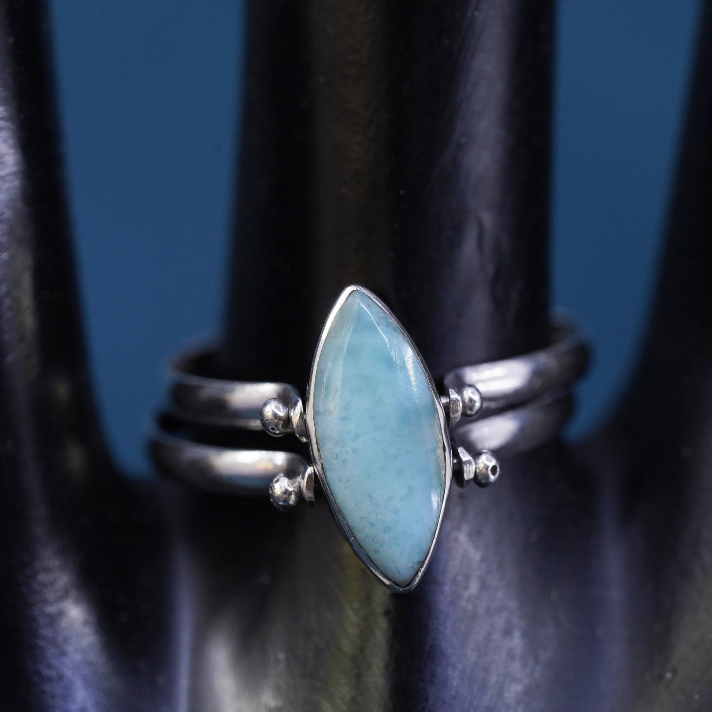 Size 8.25, Vintage sterling 925 silver double sided ring with larimar and amber