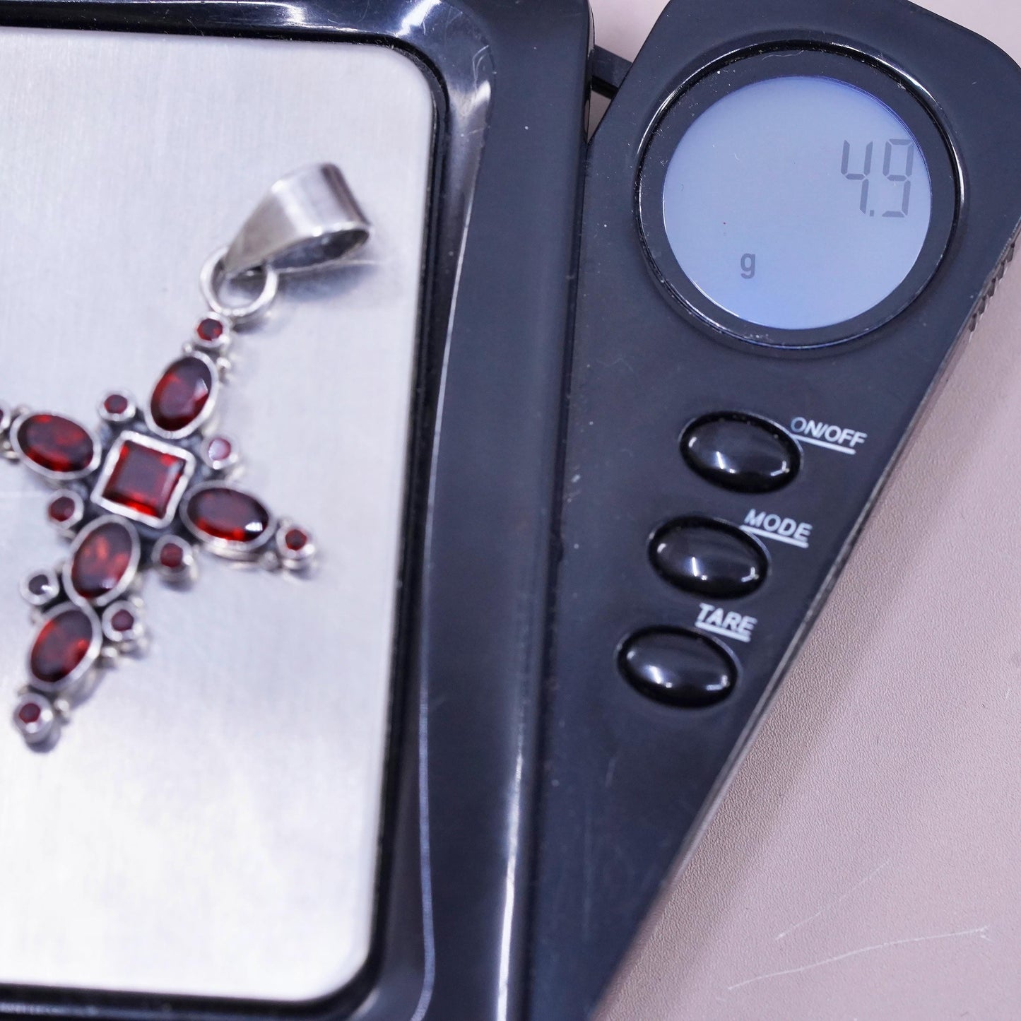 Vintage Sterling silver handmade pendant, 925 cluster ruby cross, stamped 925