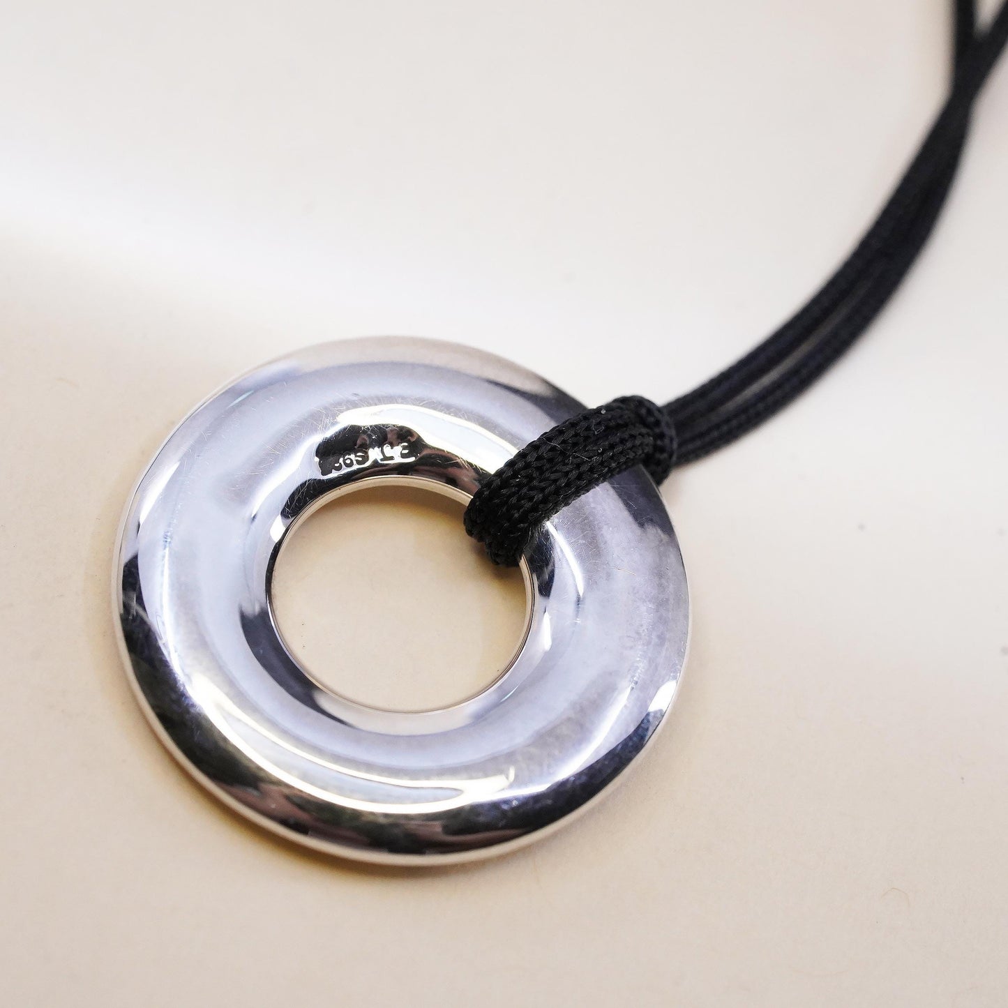 16”, BJ Sterling Silver 925 Donut Pendant Necklace, Circle Pendant Linen Cord
