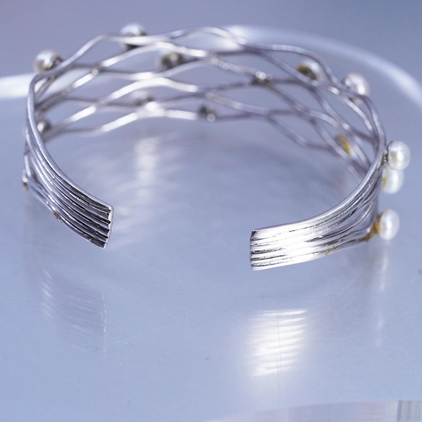 7", DAMAGED! Sterling 925 silver bracelet, ocean wave cuff freshwater pearls