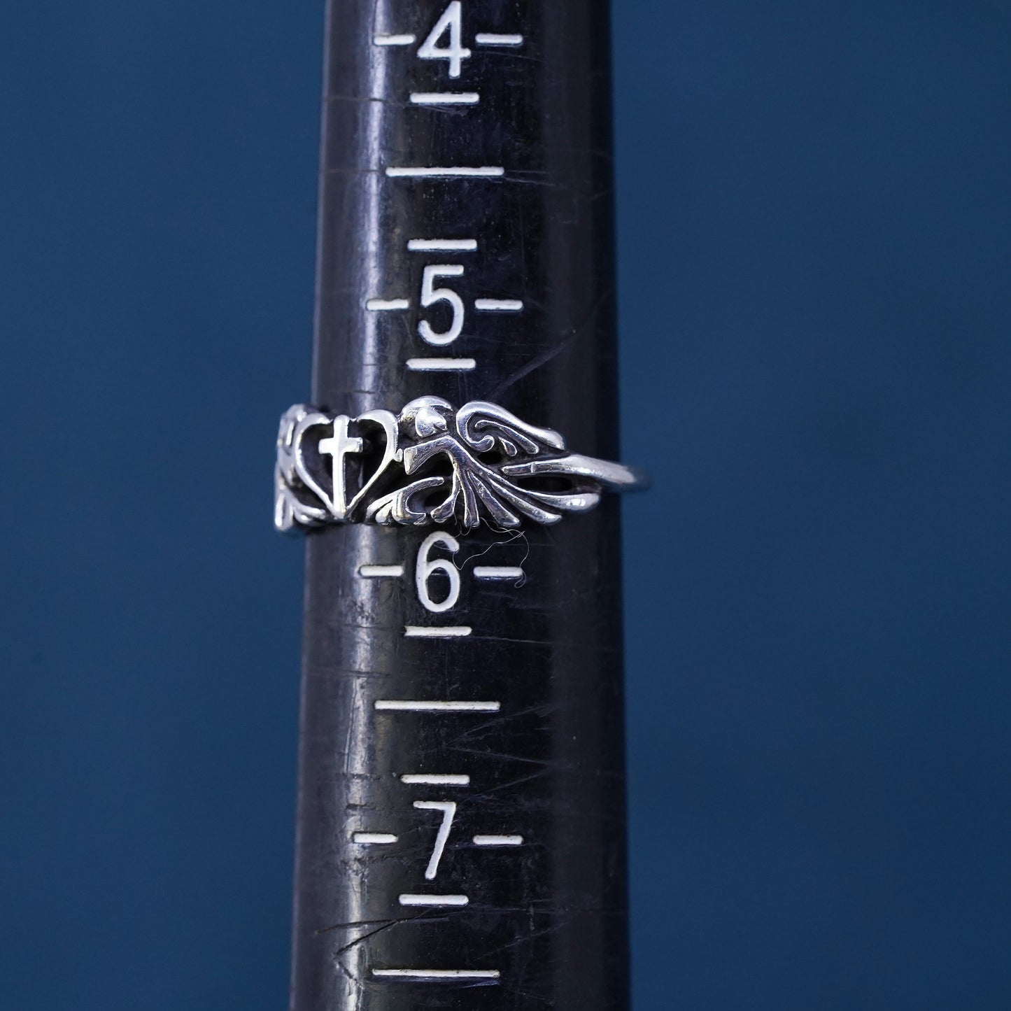 Size 5.5, sterling silver handmade ring, 925 filigree heart angel band cross
