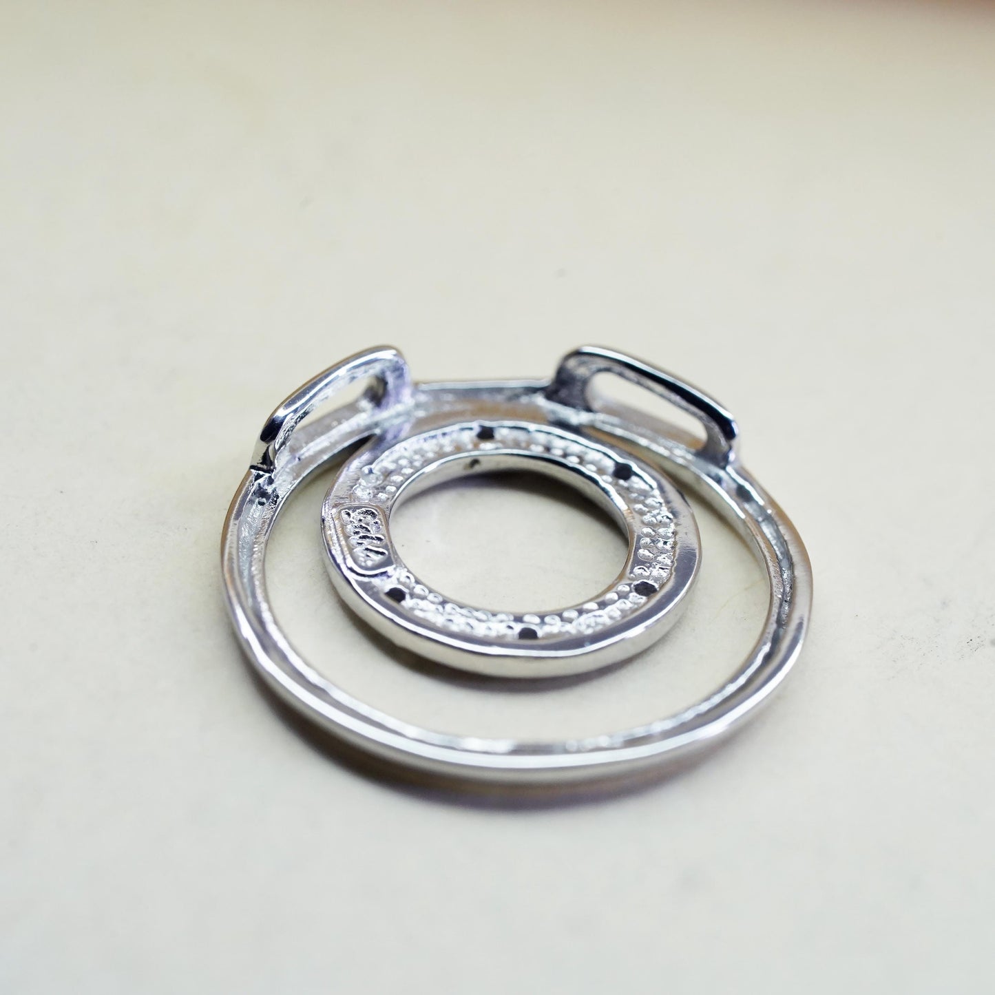 Vintage modern sterling silver pendant, 925 double circle with diamond