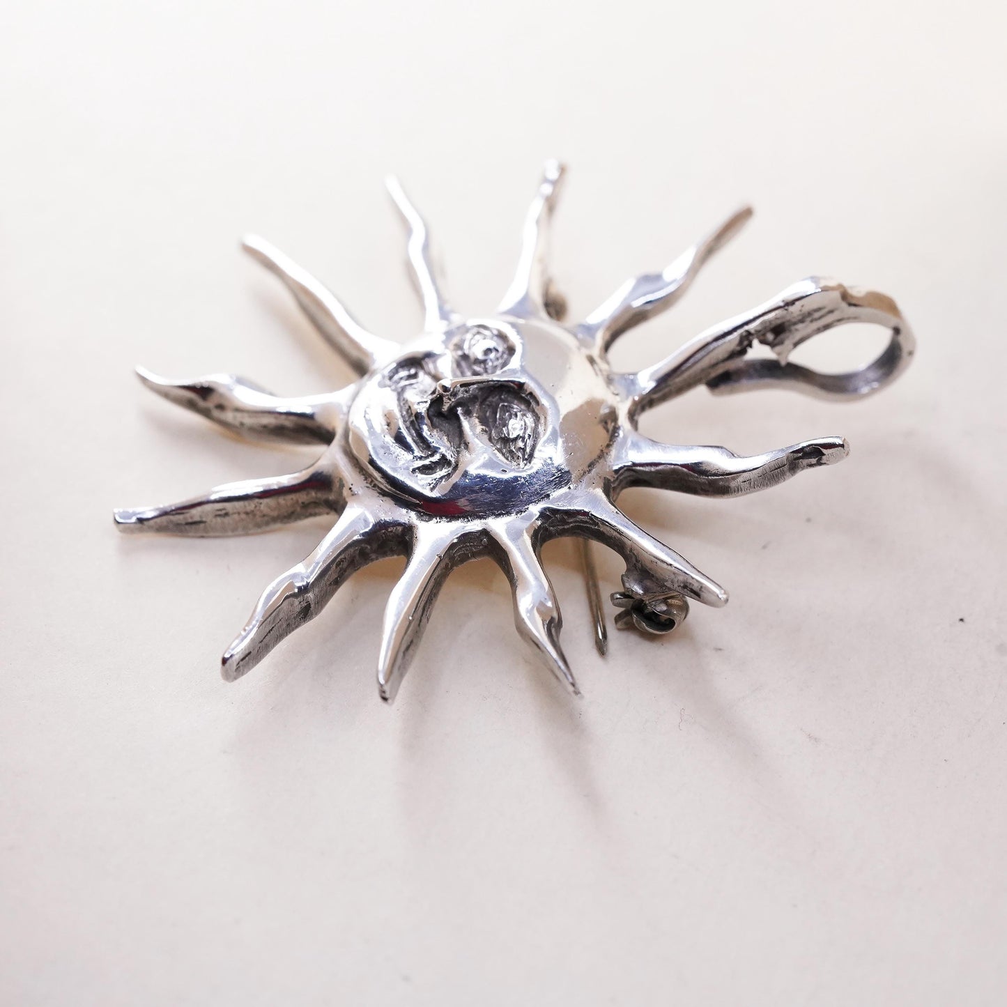 Vintage Mexican Sterling silver handmade sun face pendant, 925 brooch