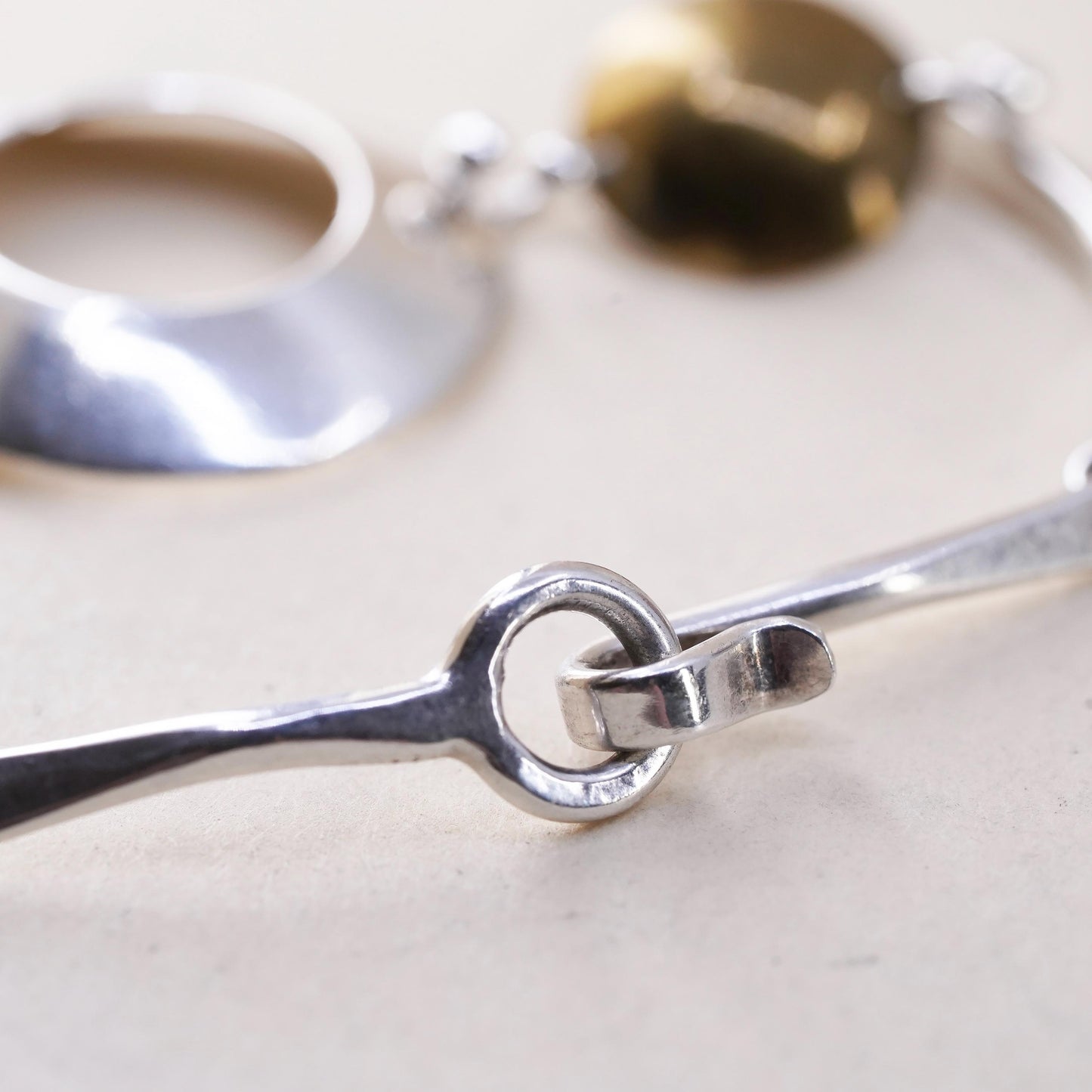 6.25”, Vintage Mexican two tone sterling silver bracelet, 925 disc chains brass