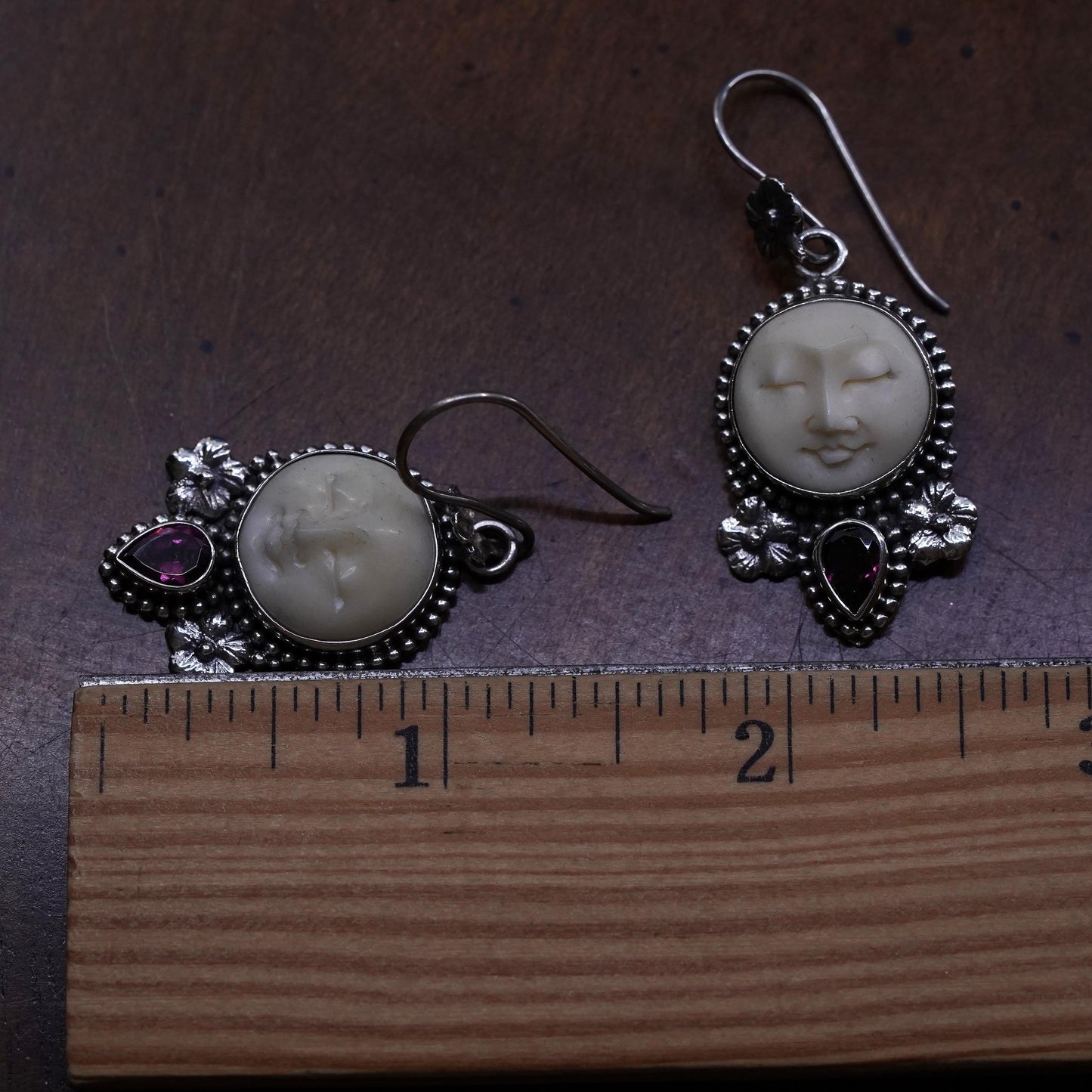 sterling silver 925 floral earrings with carved moonface and teardrop ruby