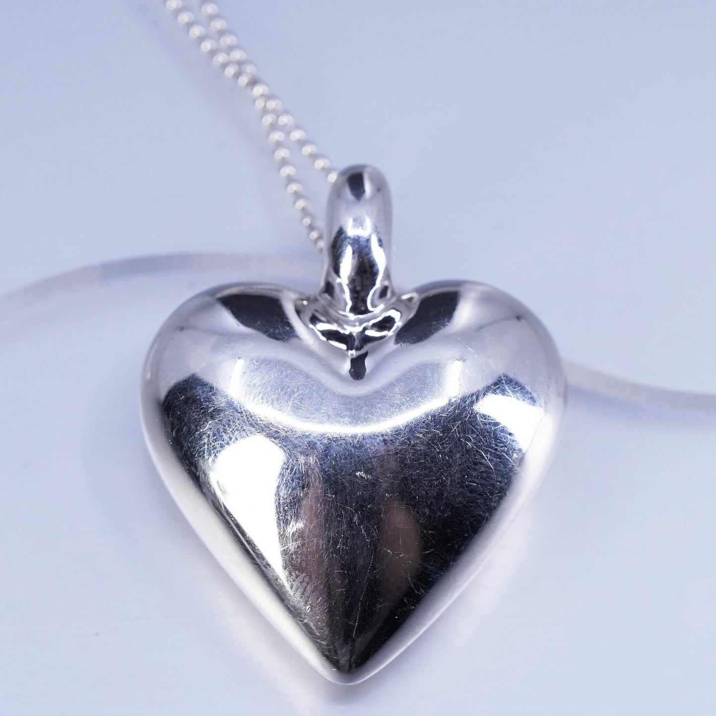 18”, vintage Sterling 925 silver handmade bead necklace w/ puffy heart pendant