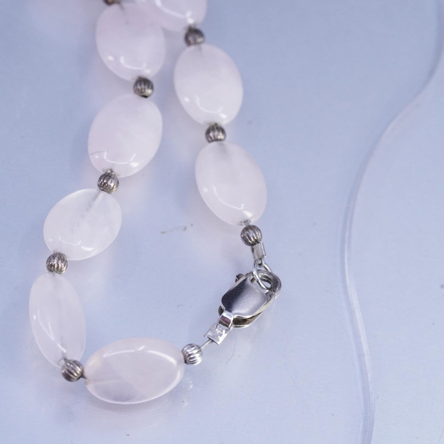 19", VTG Pink Quartz Beads necklace teardrop charms sterling 925 silver clasp