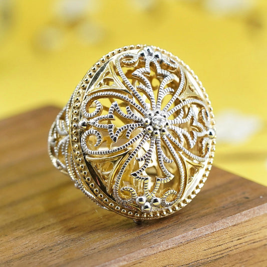 Size 7.75, two tone Sterling silver 925 cocktail filigree crown ring diamond