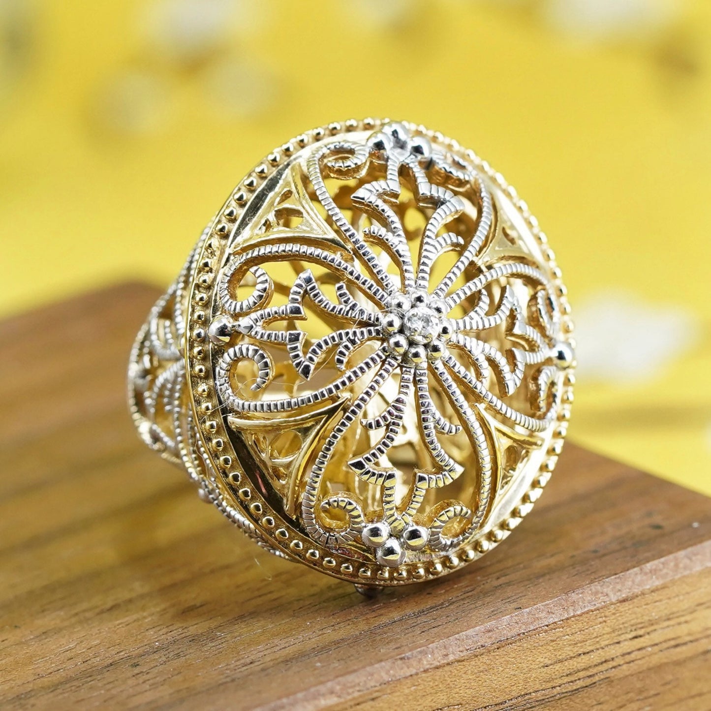 Size 7.75, two tone Sterling silver 925 cocktail filigree crown ring diamond