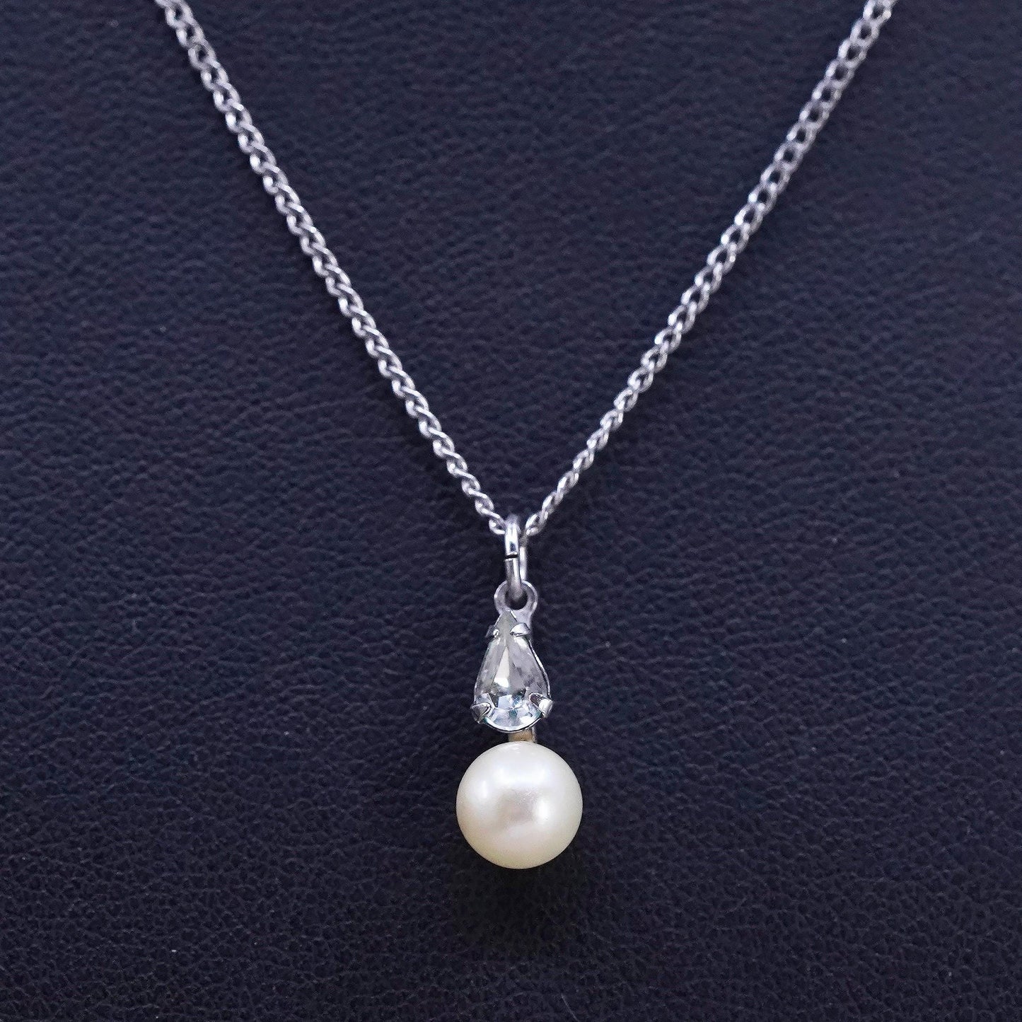16", vintage Sterling silver necklace, 925 curb chain with pearl pendant and cz