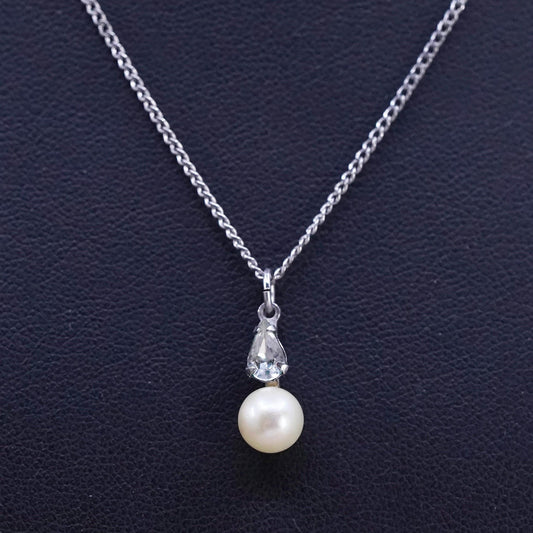 16", vintage Sterling silver necklace, 925 curb chain with pearl pendant and cz