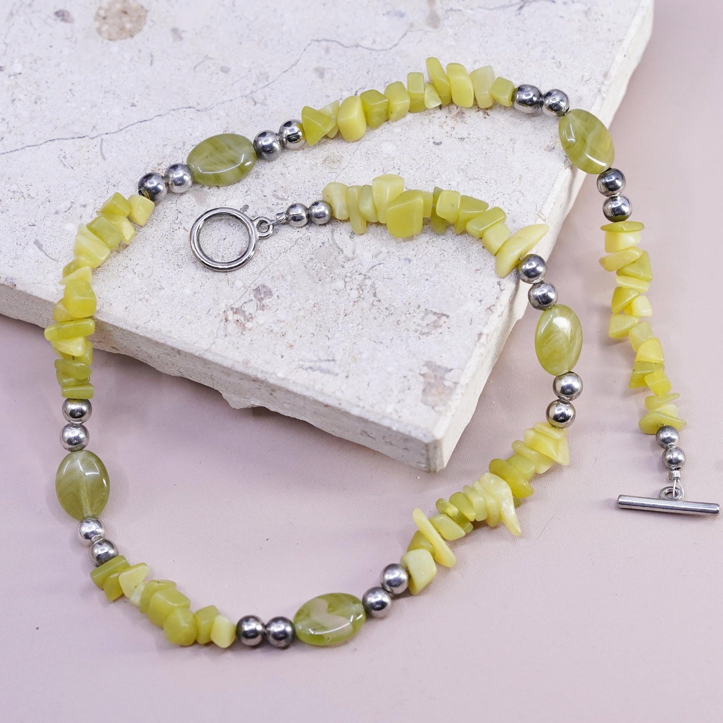 16", VTG Sterling 925 silver Handmade necklace, jade beads chain toggle closure