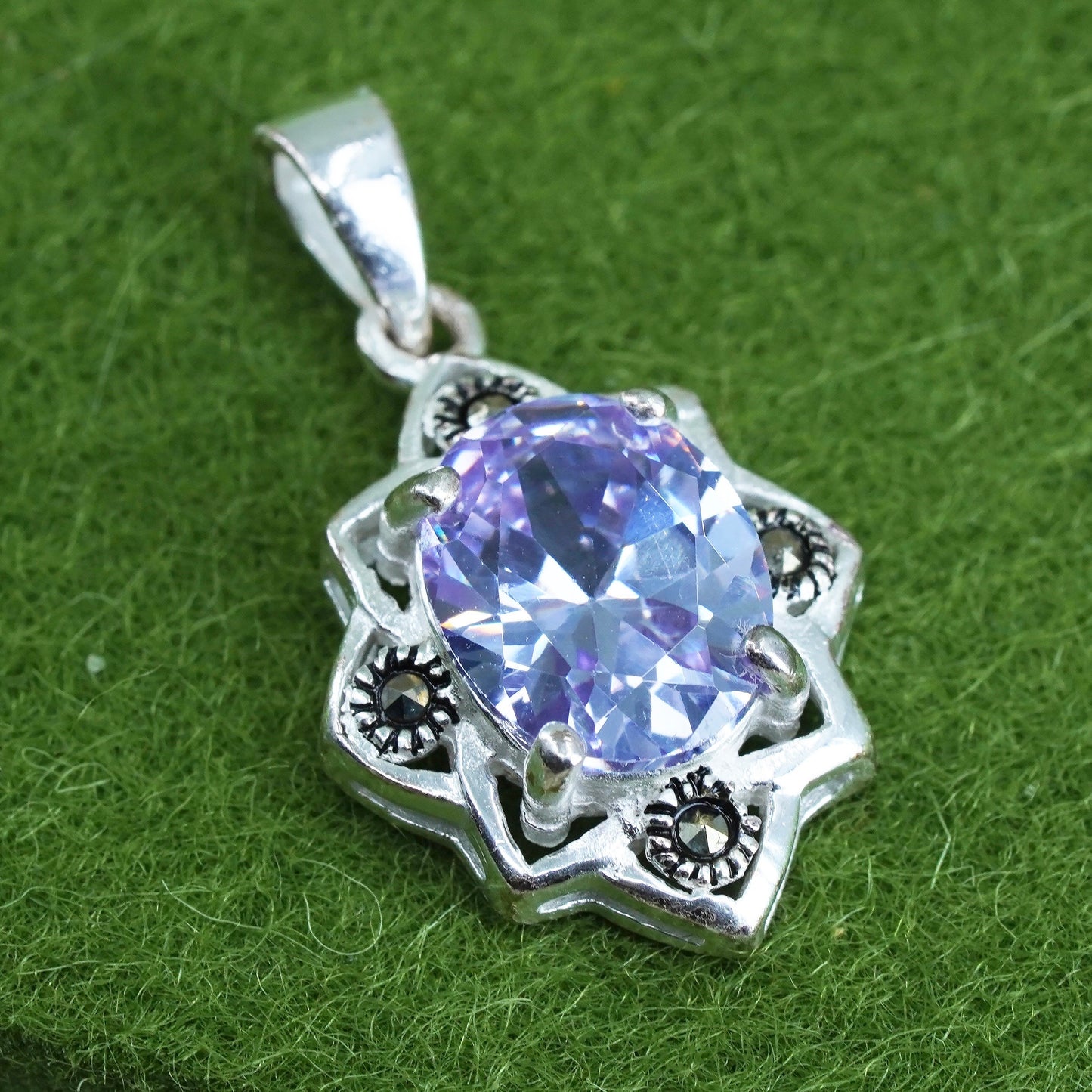 Sterling silver handmade pendant, 925 teardrop with amethyst and marcasite