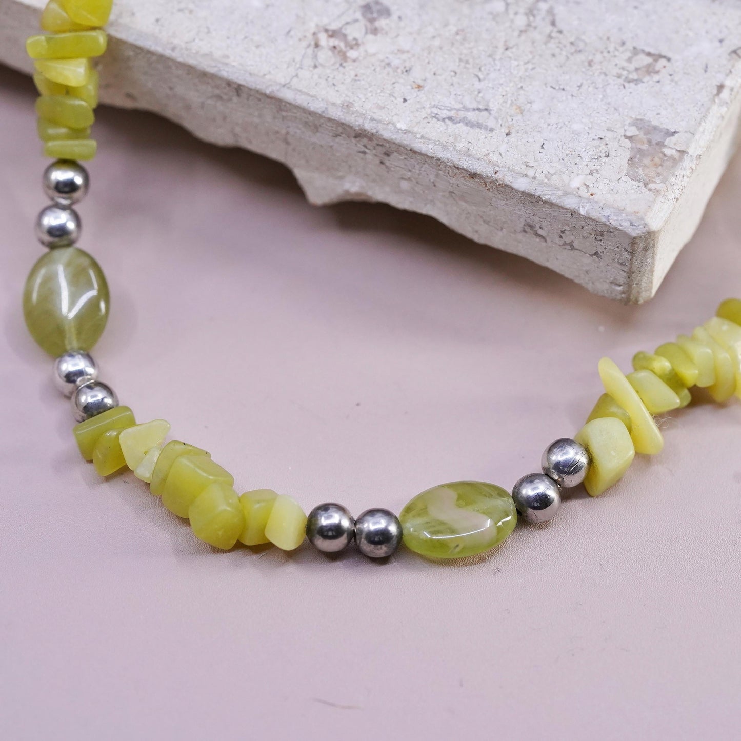 16", VTG Sterling 925 silver Handmade necklace, jade beads chain toggle closure