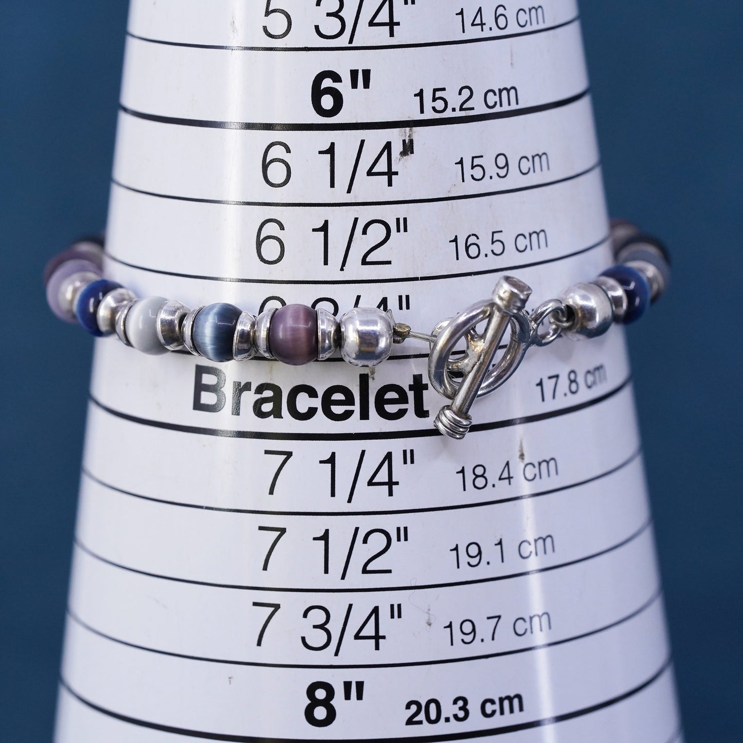 6.75”, sterling 925 silver handmade bracelet with cats eye beads toggle closure