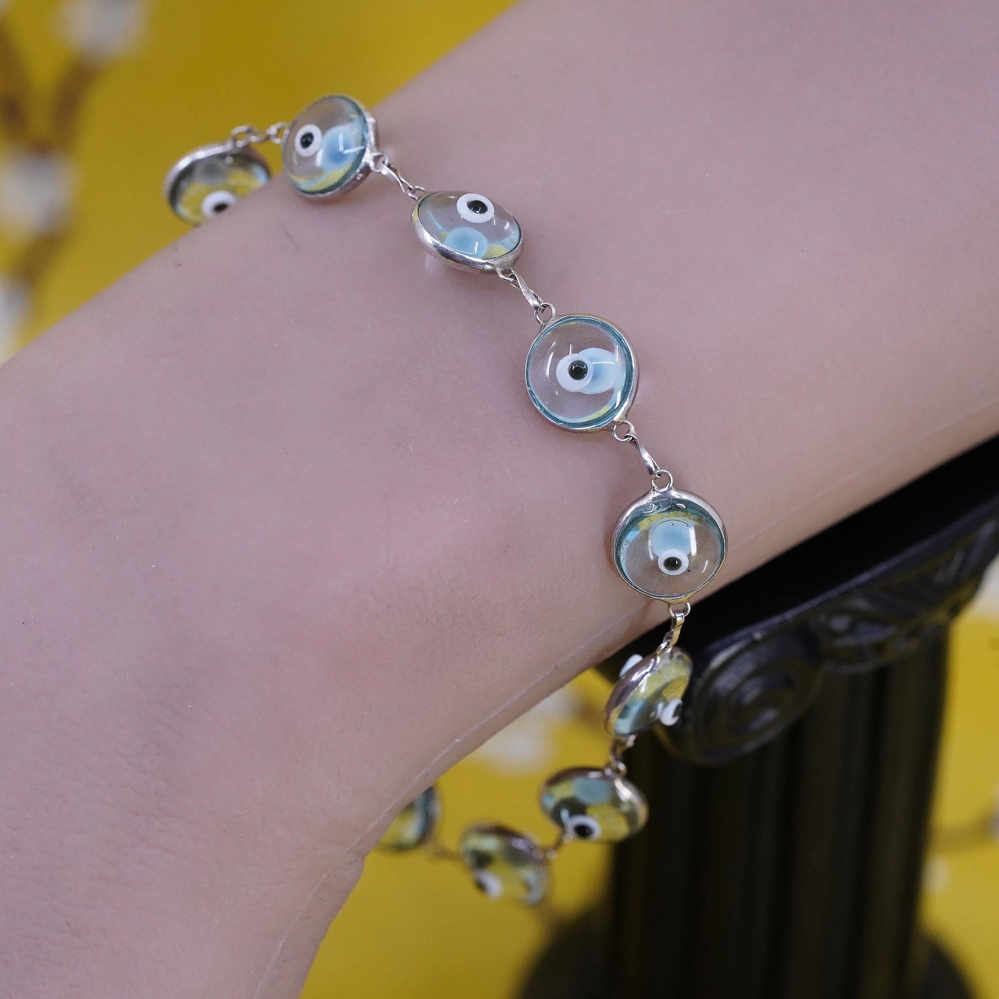 7.25", VTG sterling 925 silver handmade bracelet light blue evil eye bracelet