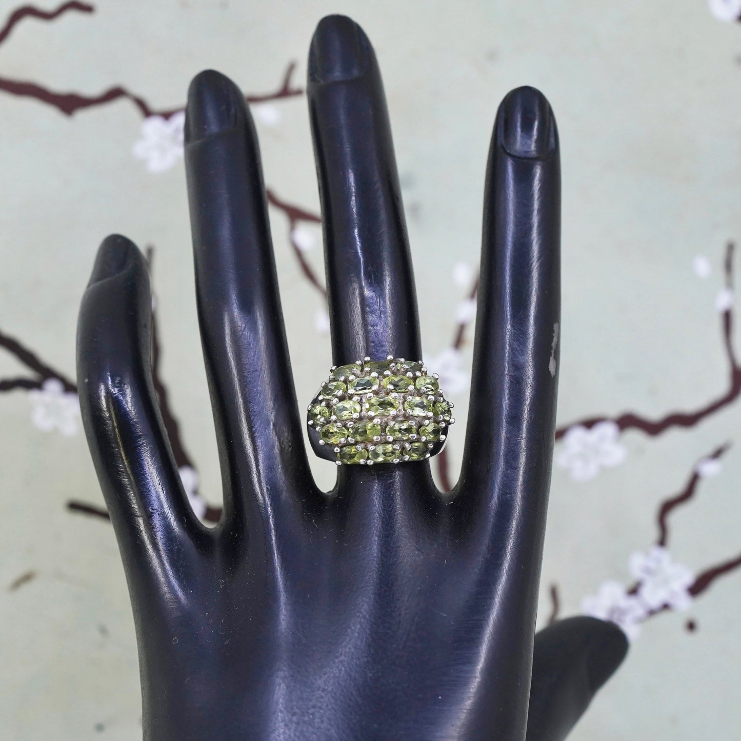 Size 7, vintage Sterling silver handmade ring, 925 band with cluster peridot