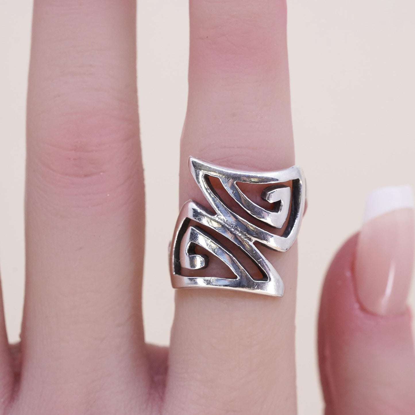 Size 4.25, vintage sterling silver handmade ring, 925 swirly Greek key band