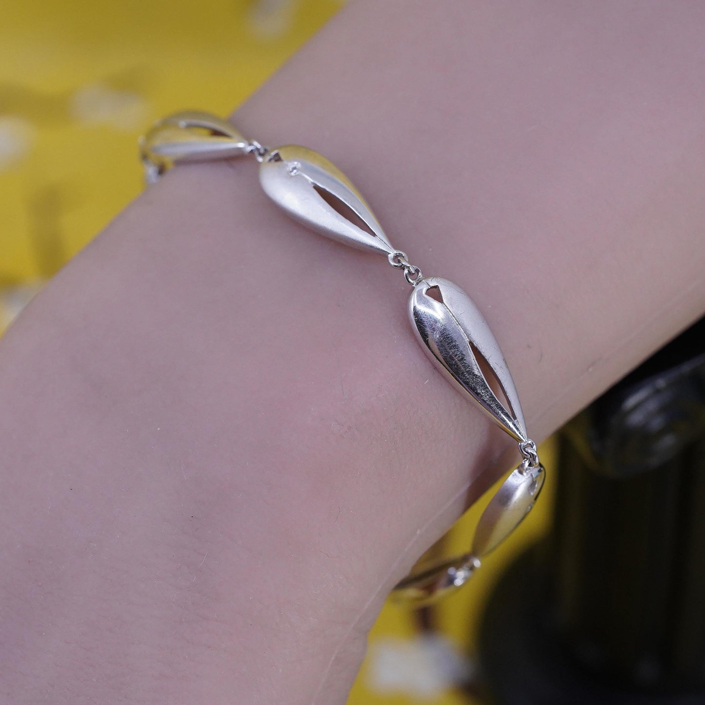 6.5”, vintage Sterling silver tennis bracelet, 925 teardrop link chain diamonds