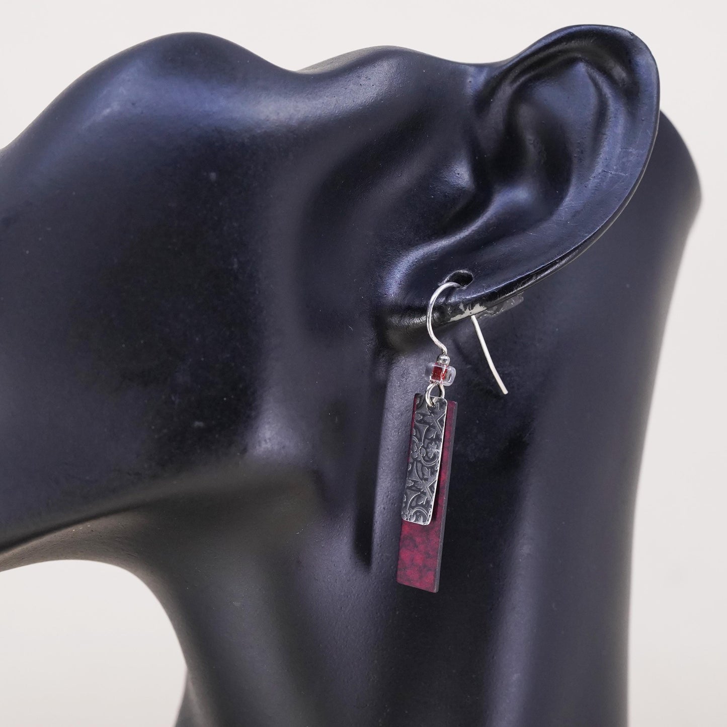 Vintage sterling silver handmade single earring, 925 textured double tags