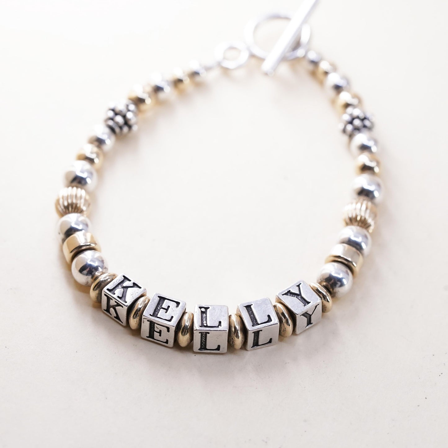 6.5", VTG Sterling 925 Silver 14K yellow gold beads bracelet name Kelly cubes