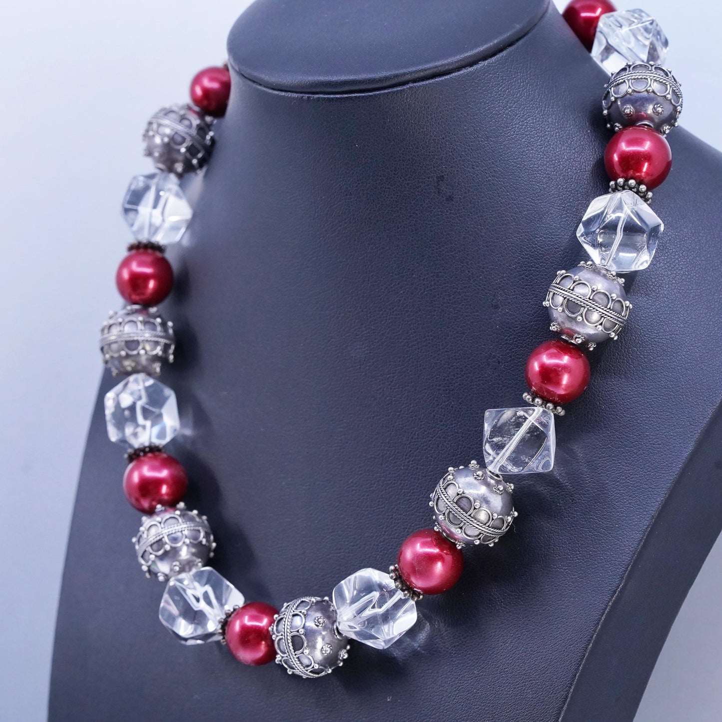 16", Sterling 925 silver chunky necklace with 17mm beads clear crystal nugget