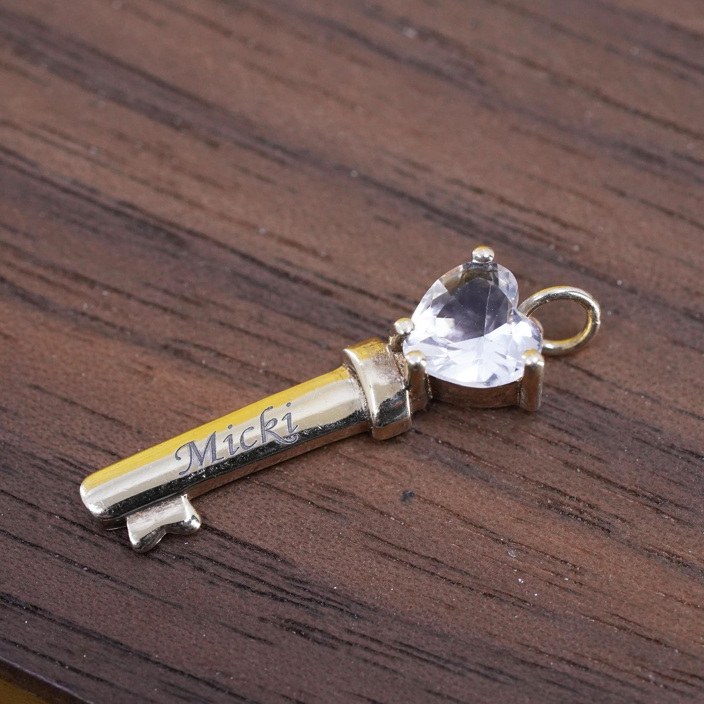 vermeil gold Sterling silver pendant, 925 heart shaped key cz engraved Micki