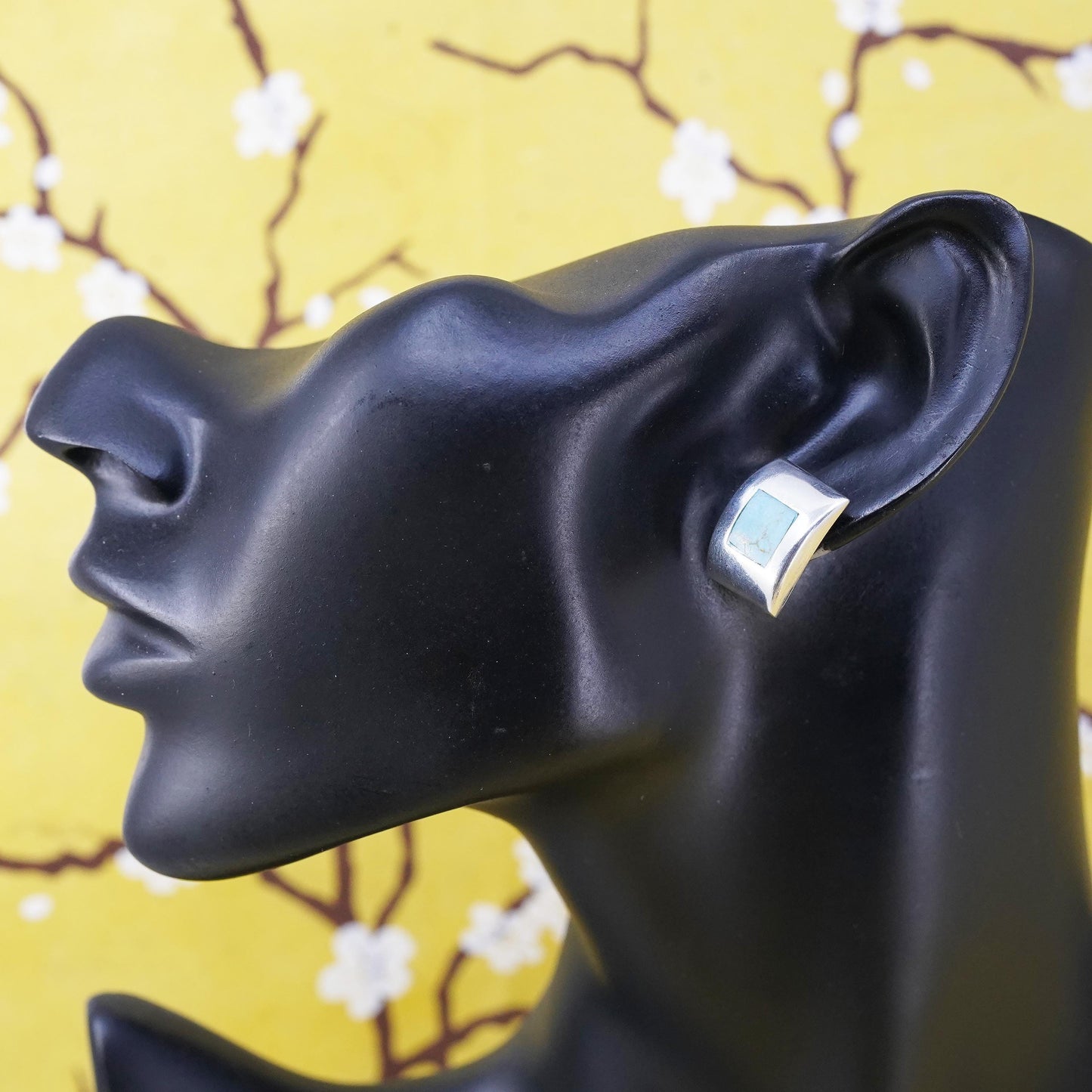 Vintage Mexican Sterling silver earrings, 925 rectangular studs with turquoise