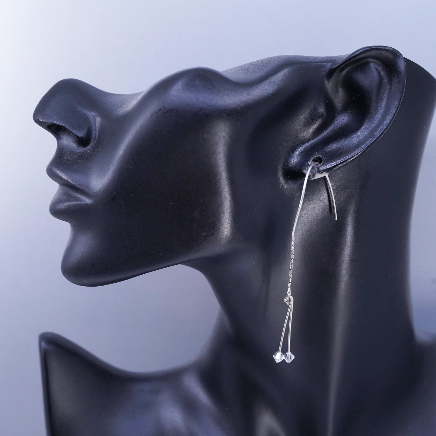 Vintage Sterling 925 silver handmade box chain fringe earrings clear crystal