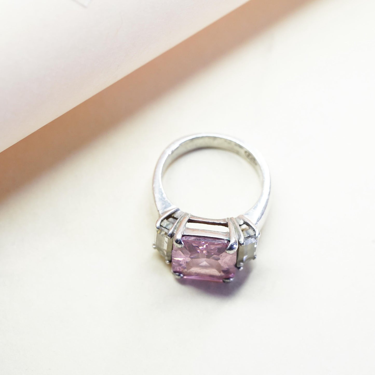 Size 8.25, Vintage Sterling 925 silver ring with square pink Quartz clear cz