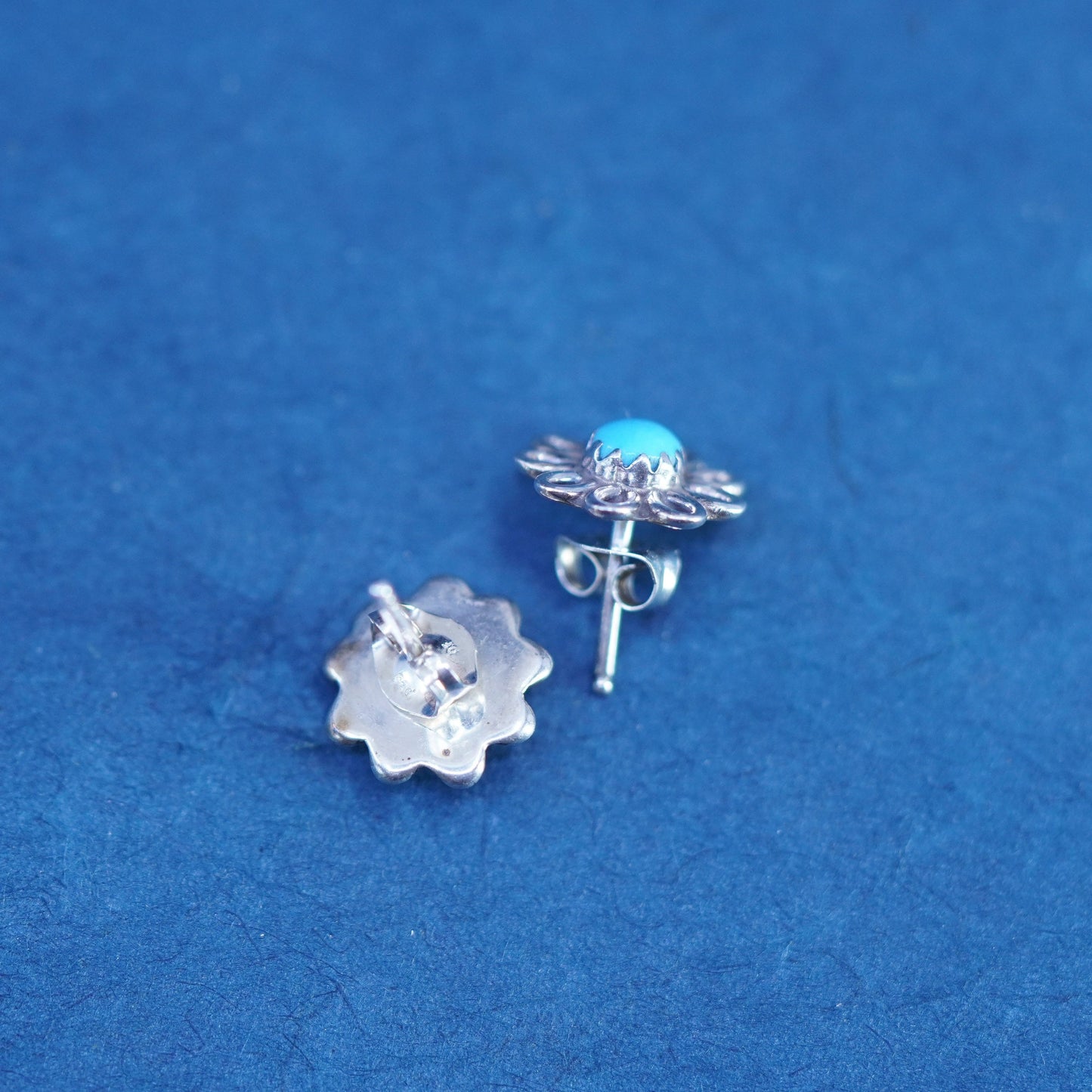 southwestern Sterling silver handmade earrings, 925 flower studs with turquoise