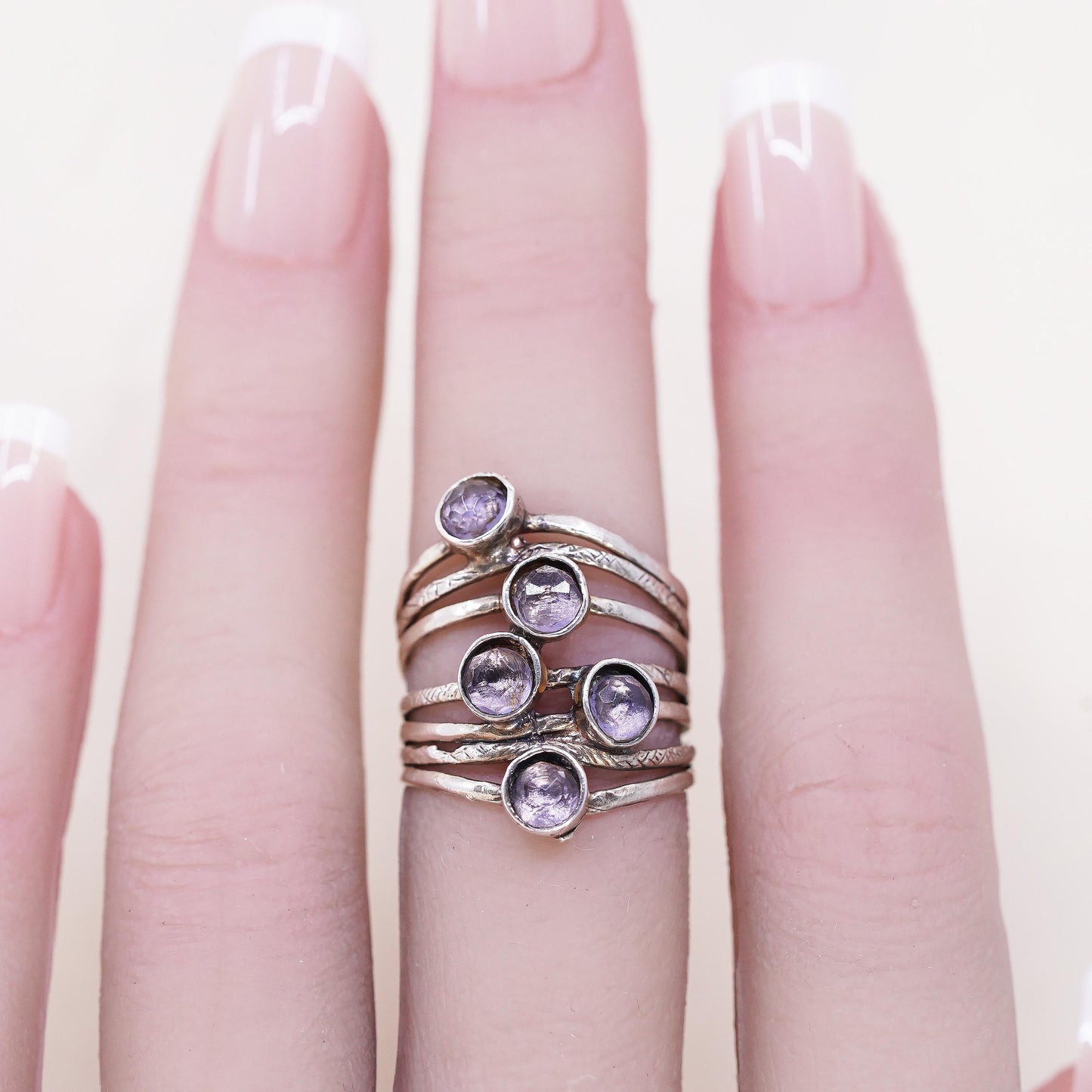 Size 6, VTG Signed Sterling 925 silver cocktail ring amethyst, wide multi band