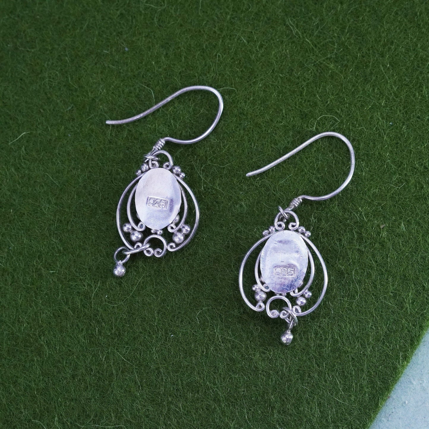 Vintage sterling 925 silver handmade earrings with ruby and bead dangles