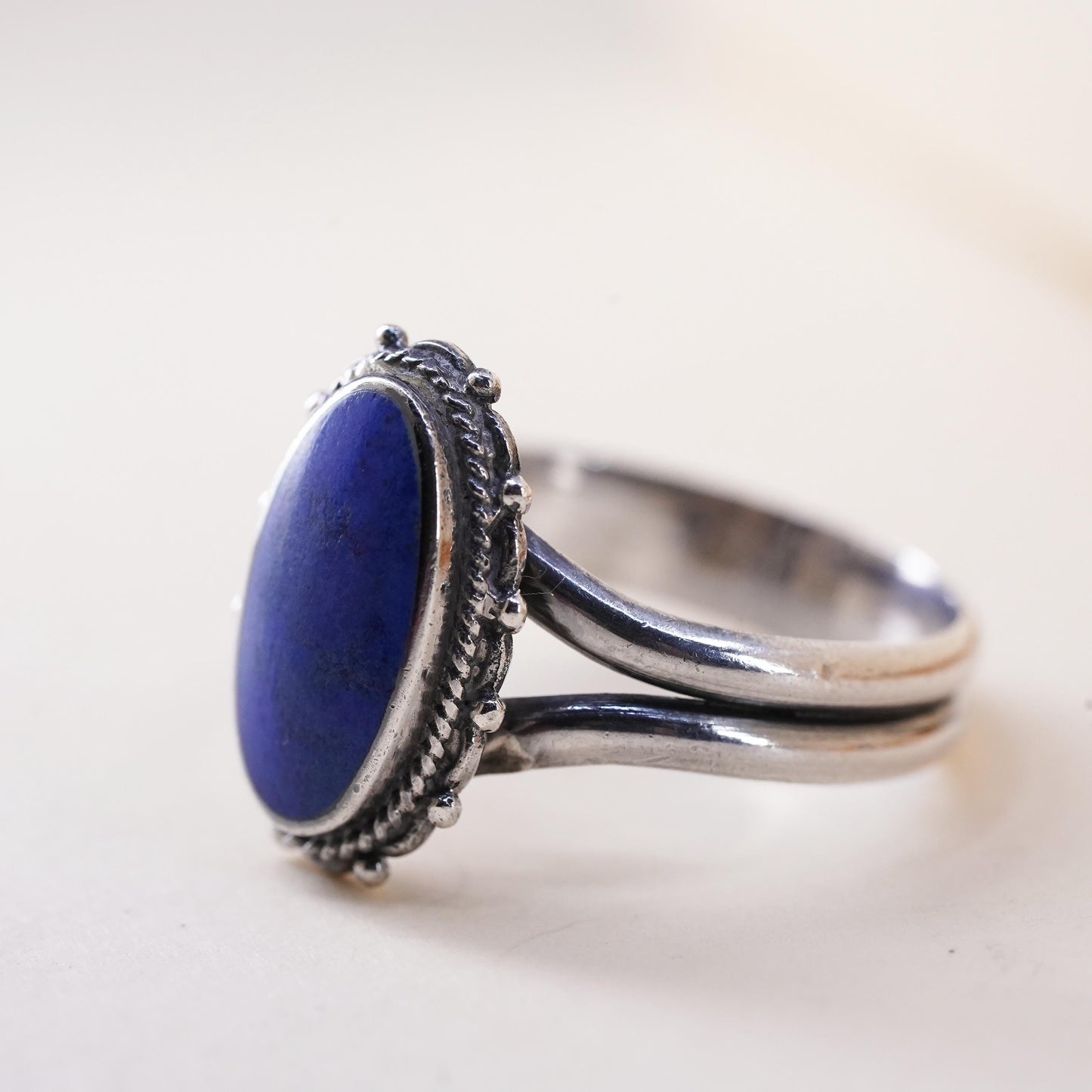 Size 9, vintage Boma 925 silver statement ring with oval Lapis lazuli and beads