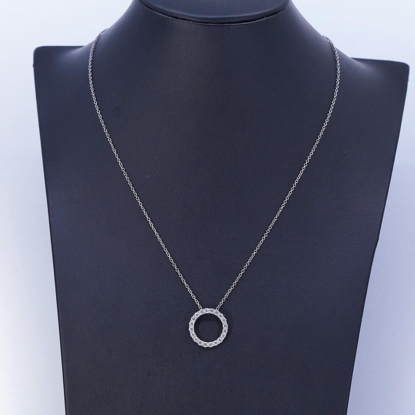 16+2”, vintage Sterling 925 silver circle necklace with cz circle beat pendant