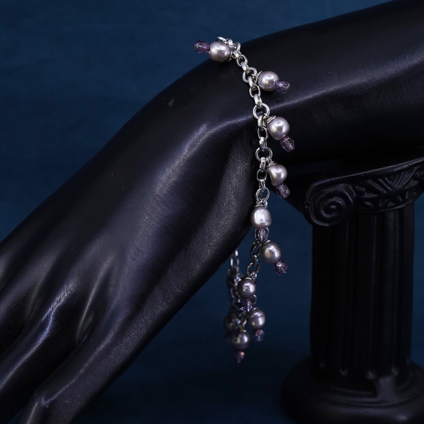 8.25”, vintage Sterling silver handmade bracelet, 925 circle chain gray pearl