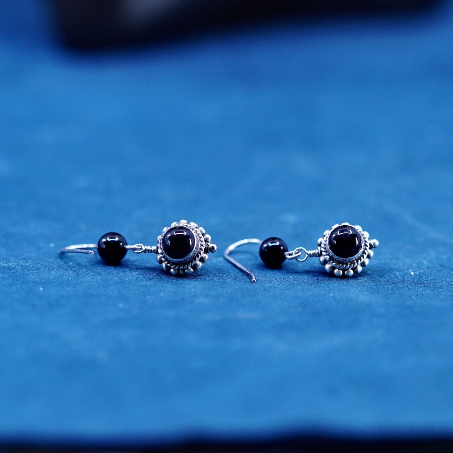 Vintage sterling 925 silver handmade earrings with round obsidian